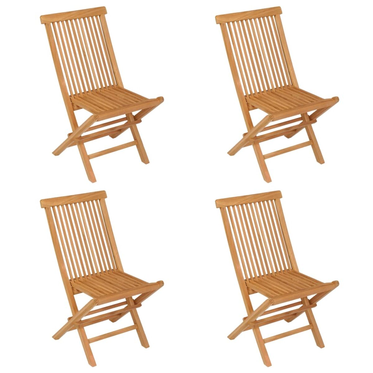 Vier Holzklappstühle. Lattenrückenlehnen und Sitze.