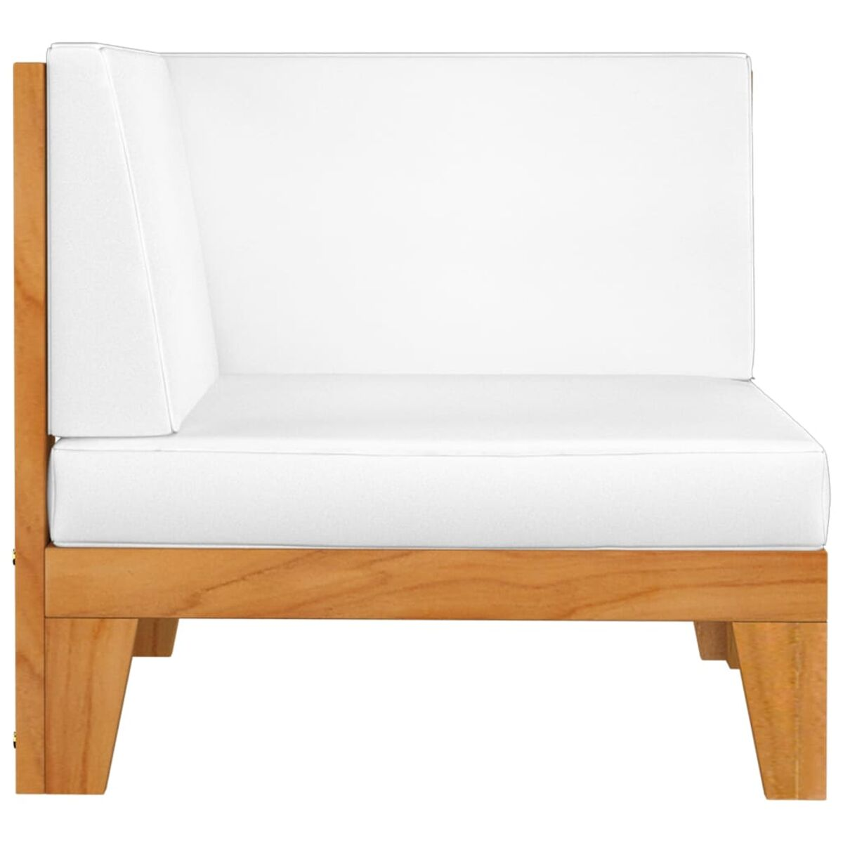 Ecksofa aus Holz für den Außenbereich mit weißen Kissen. Seitenansicht zeigt Rahmen und Kissen.
