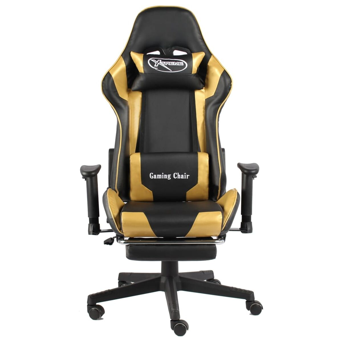 Una sedia da gaming nera e oro con poggiatesta, supporto lombare e poggiapiedi, su bianco.