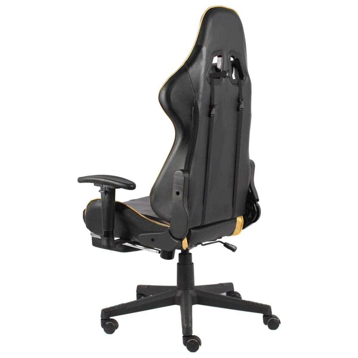 Sedia da gaming nera e oro, vista posteriore, con poggiatesta e ruote.