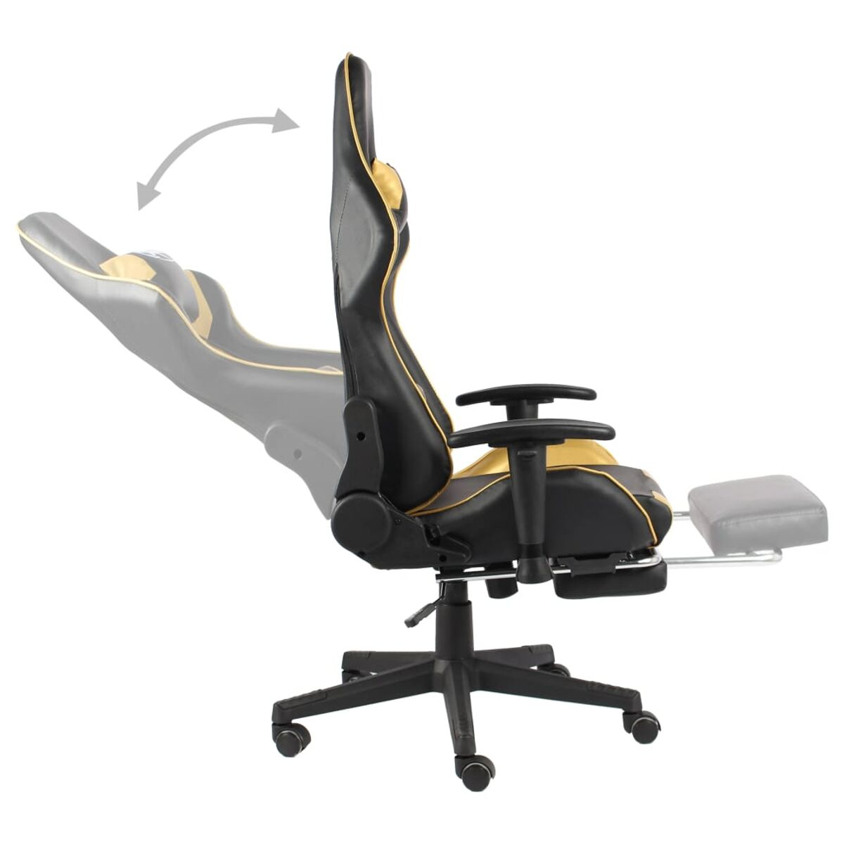 Sedia da gaming con dettagli neri e oro, poggiapiedi esteso, reclinata.