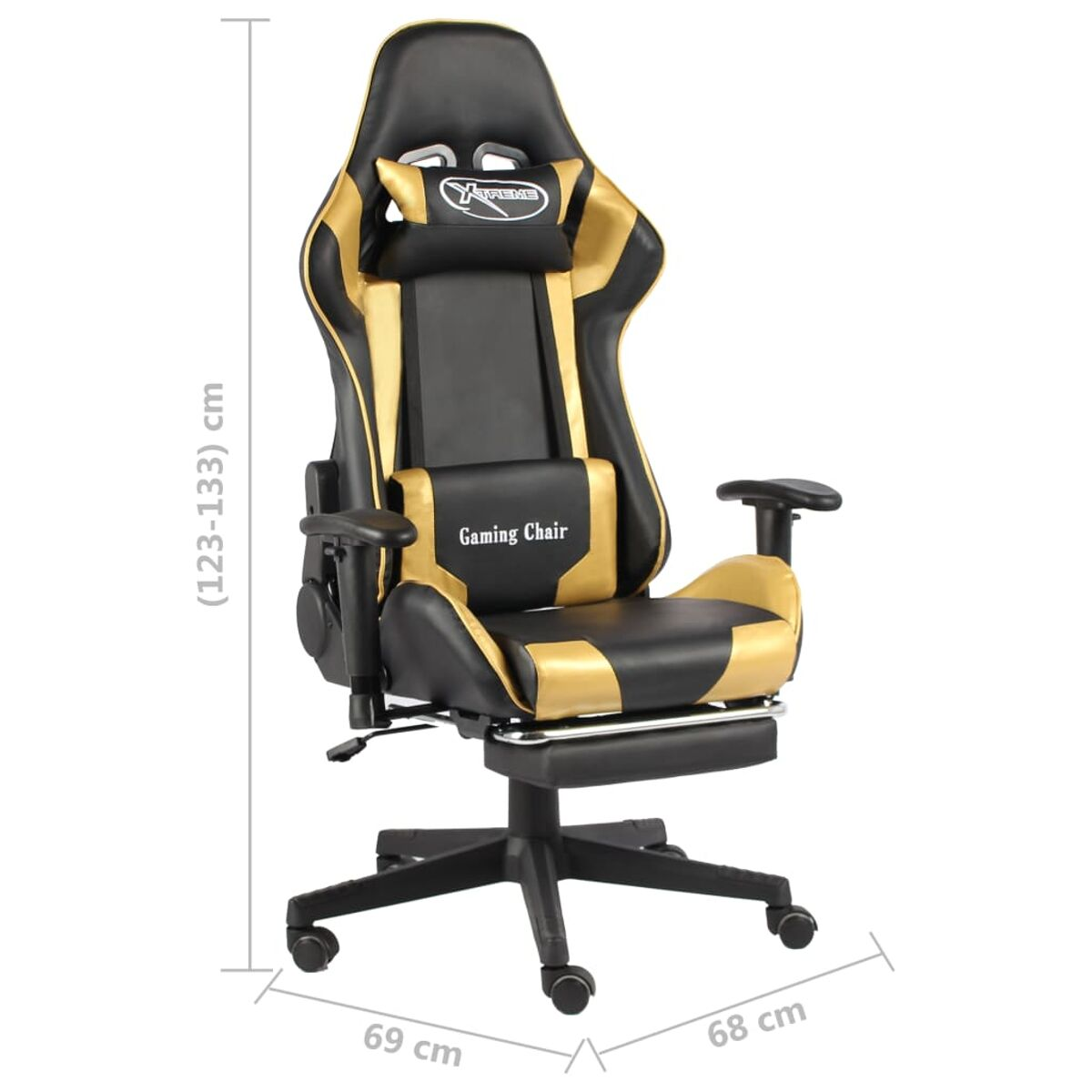Sedia da gaming, nera e oro, con dimensioni.