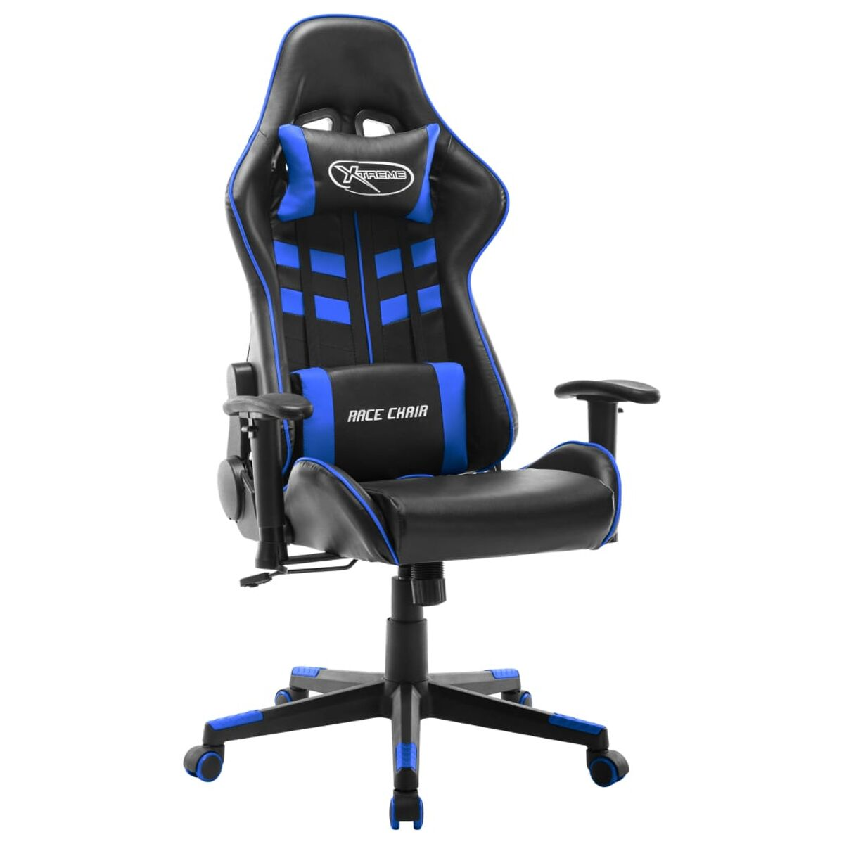 Sedia da gaming nera e blu con poggiatesta e supporto lombare. Ha una base nera.