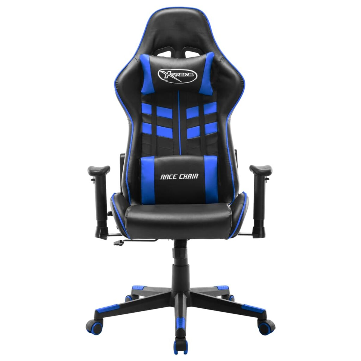 Una sedia da gioco nera e blu. La sedia riporta la scritta 'Xtreme Race Chair'.