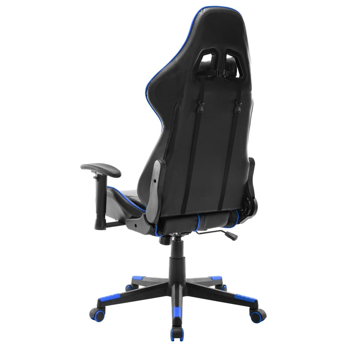 Vista posteriore di una sedia da corsa nera e blu con ruote.