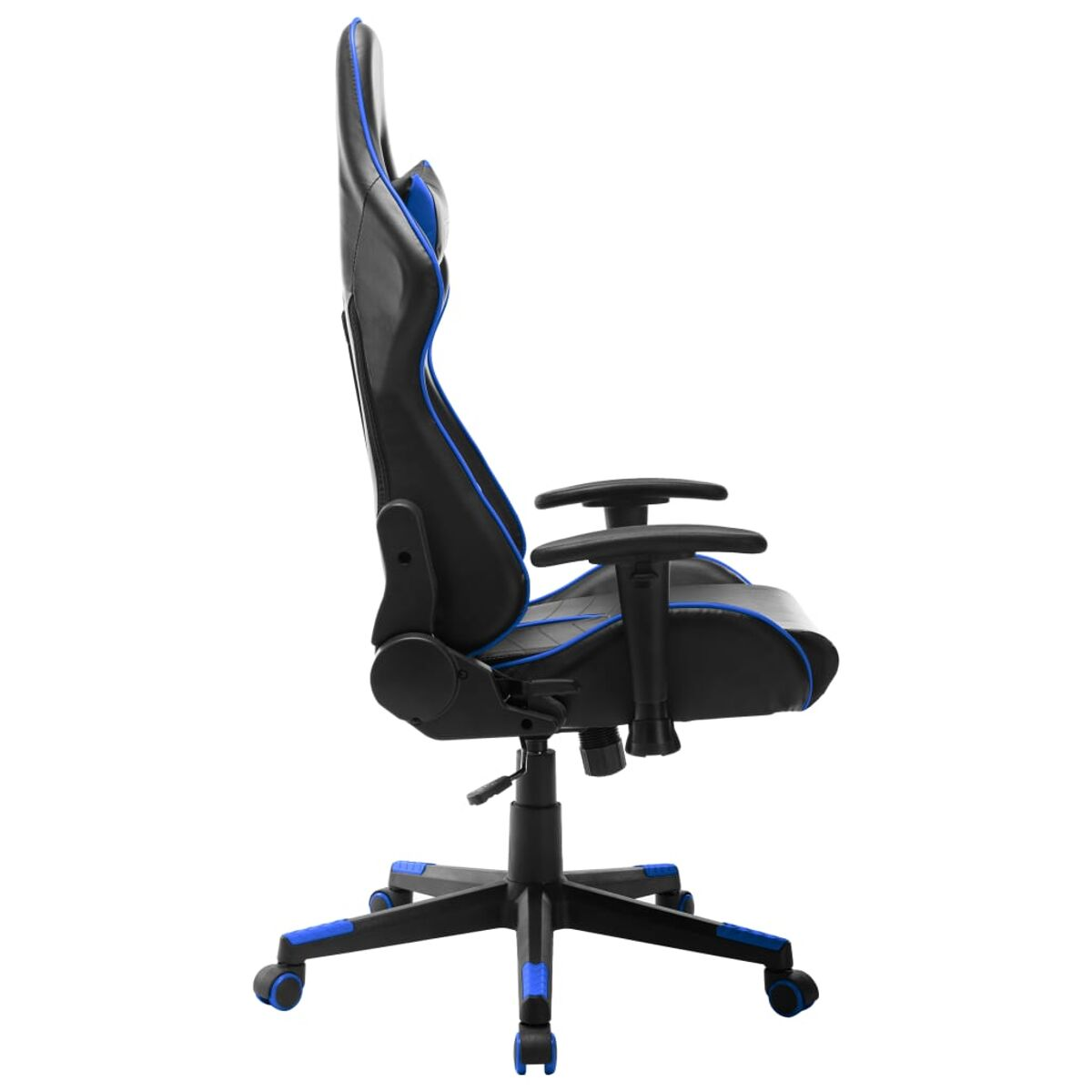 Sedia da gaming, vista laterale, nera con finiture blu. Base nera con ruote blu. Sfondo bianco.