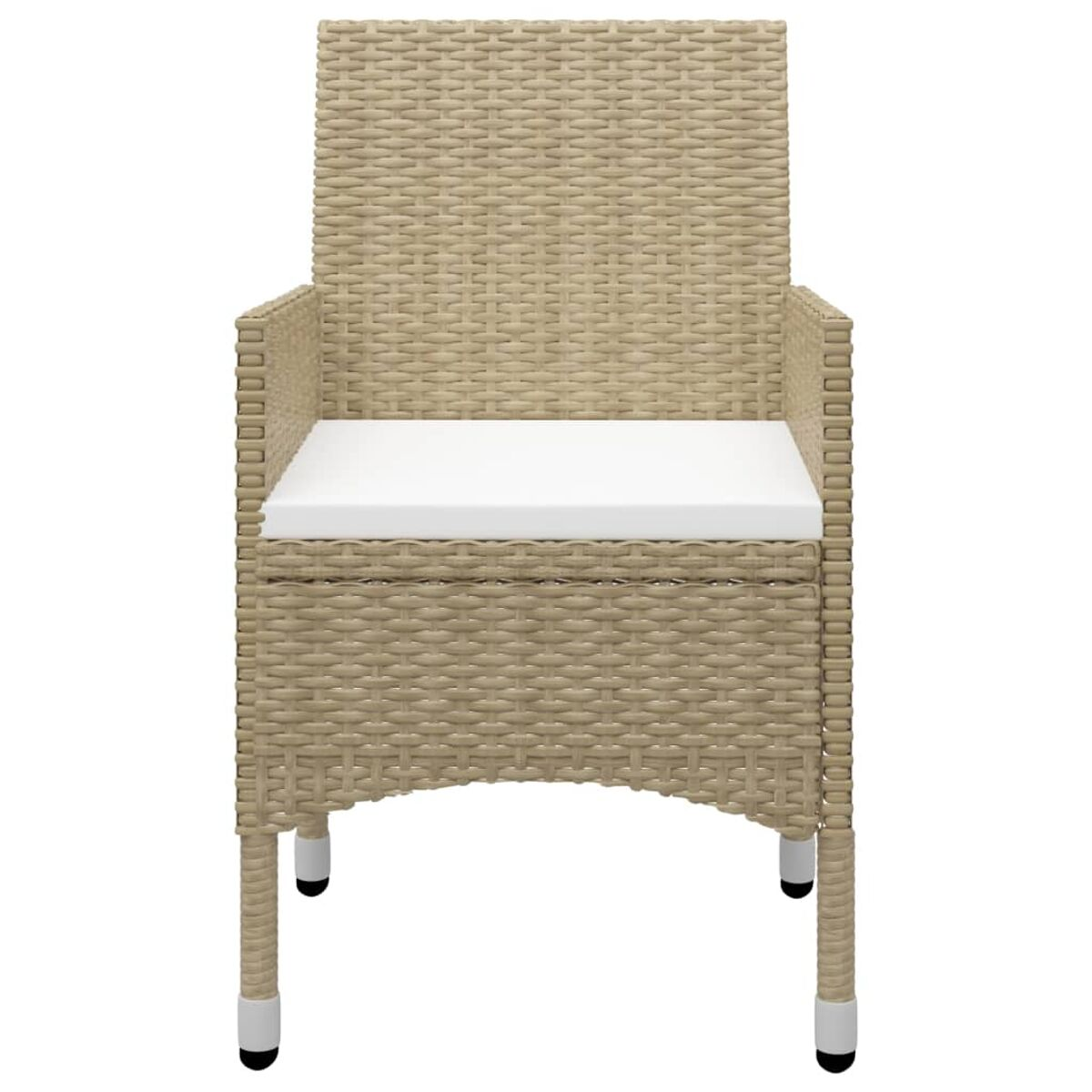 Korbstuhl mit weißem Kissen. Der Stuhl ist beige.