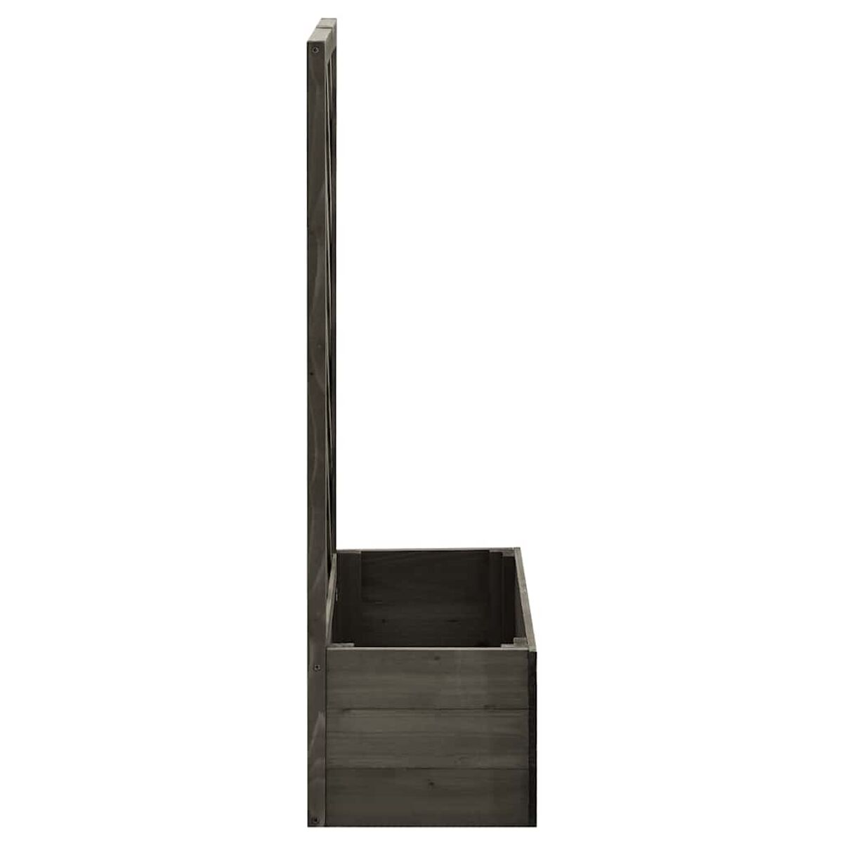 Graue Holz-Pflanzkasten, Seitenansicht, mit offener Oberseite.
