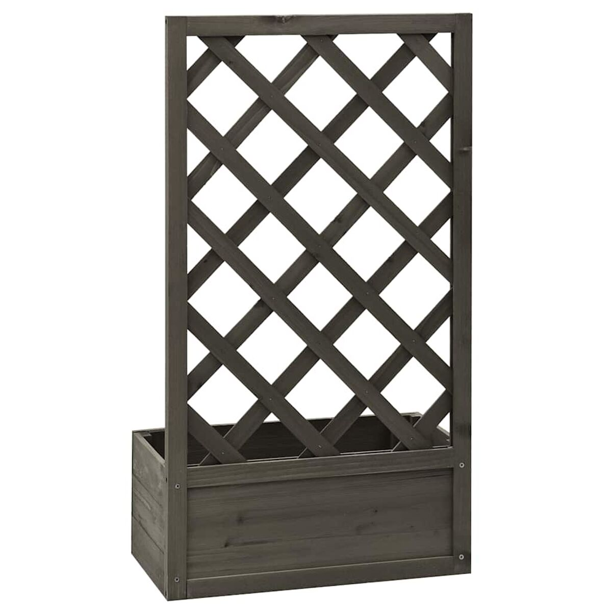 Dunkler Holzgitter-Pflanzer. Lamellen-Design mit Pflanzkasten. Neutraler Hintergrund. Einfaches Design.