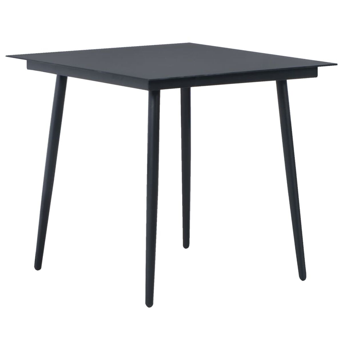 Quadratischer schwarzer Tisch mit dünnen schwarzen Beinen.