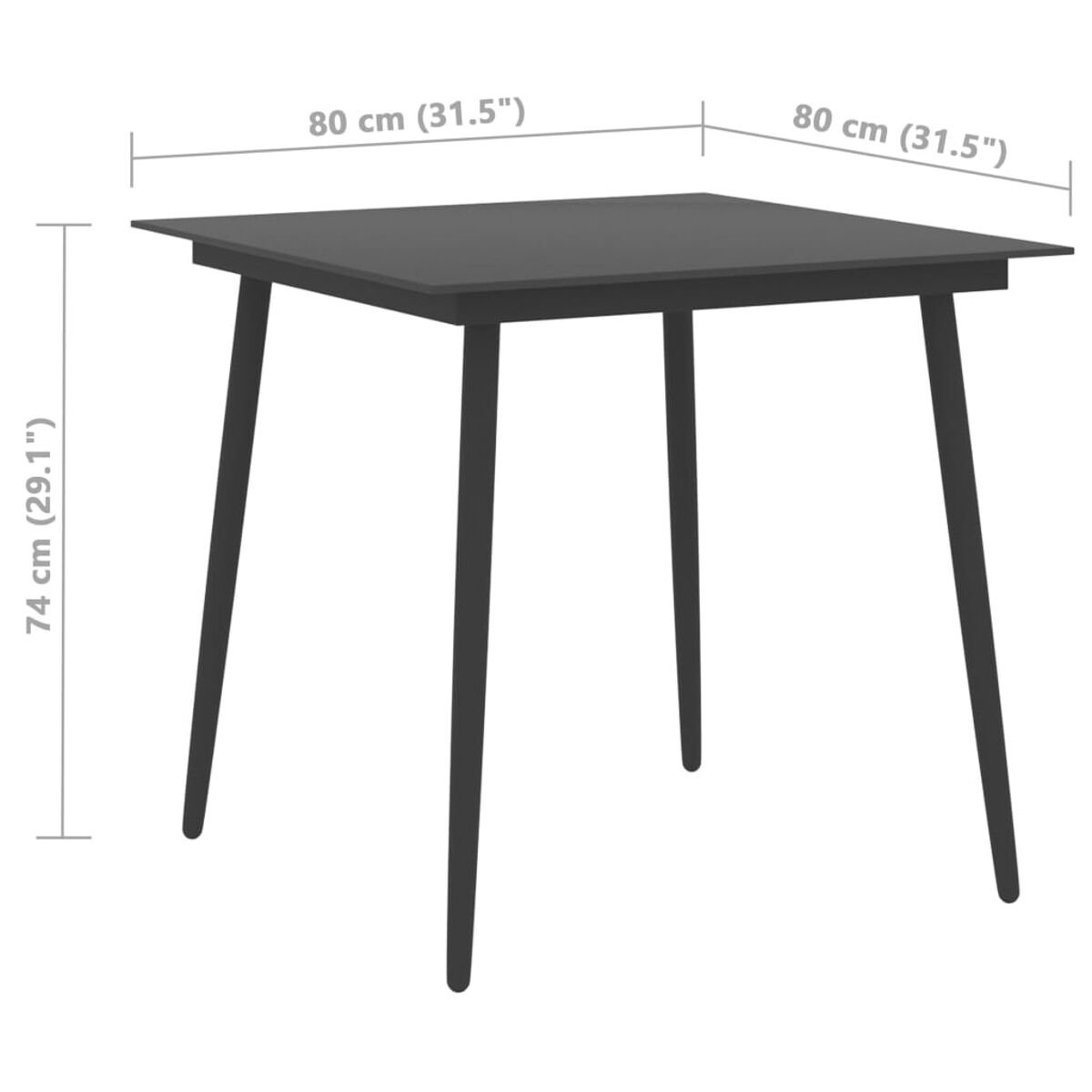 Ein quadratischer schwarzer Tisch mit vier Beinen. Abmessungen sind angegeben: 80cm x 80cm x 74cm.