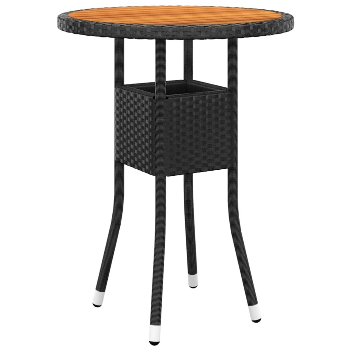 Runder Bartisch. Braune Holzplatte, schwarzer gewebter Sockel, schwarze Beine mit weißen Spitzen, eingebauter Eiskübel.