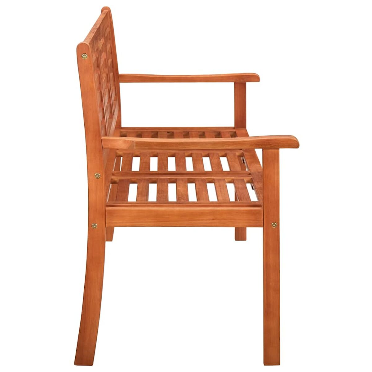 Seitenansicht einer Holzbank mit Armlehnen. Die Bank hat ein Latten-Design.