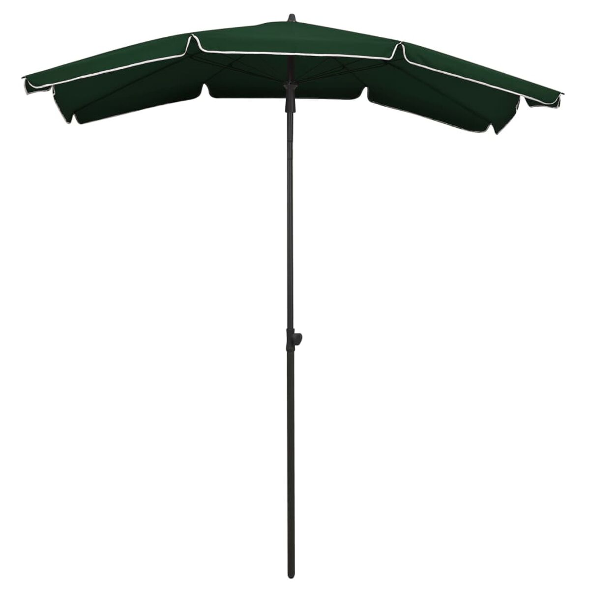 Grüner Regenschirm mit weißem Besatz, geöffnet, mit schwarzem Mast. Weißer Hintergrund.