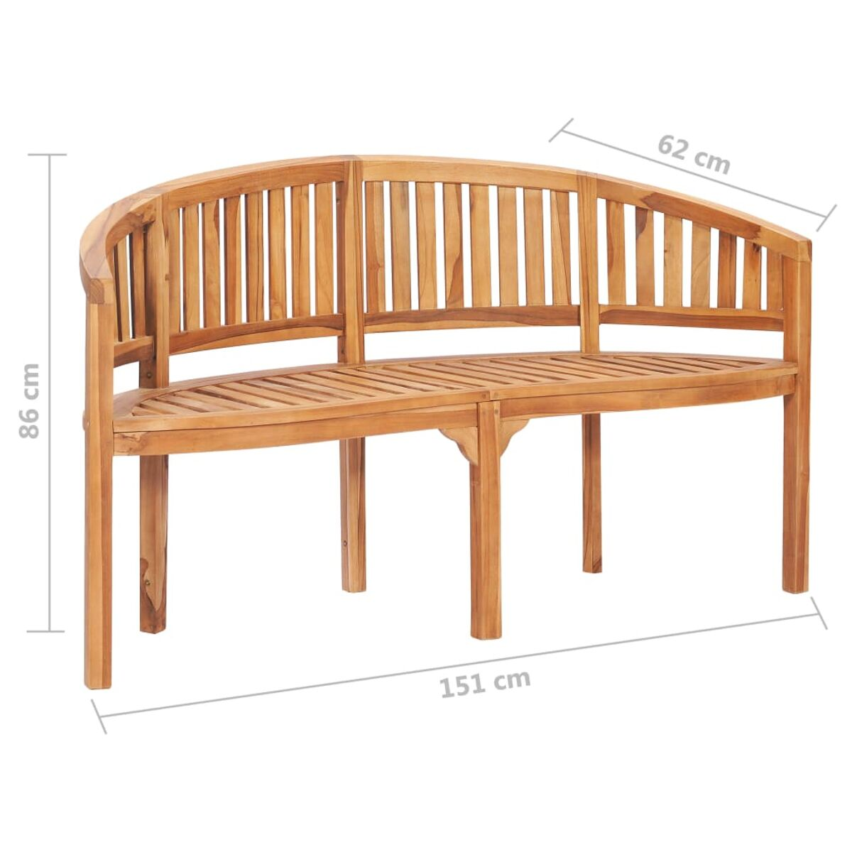Holzbank mit geschwungener Rückenlehne. Abmessungen: 151 cm lang, 86 cm hoch, 62 cm tief.