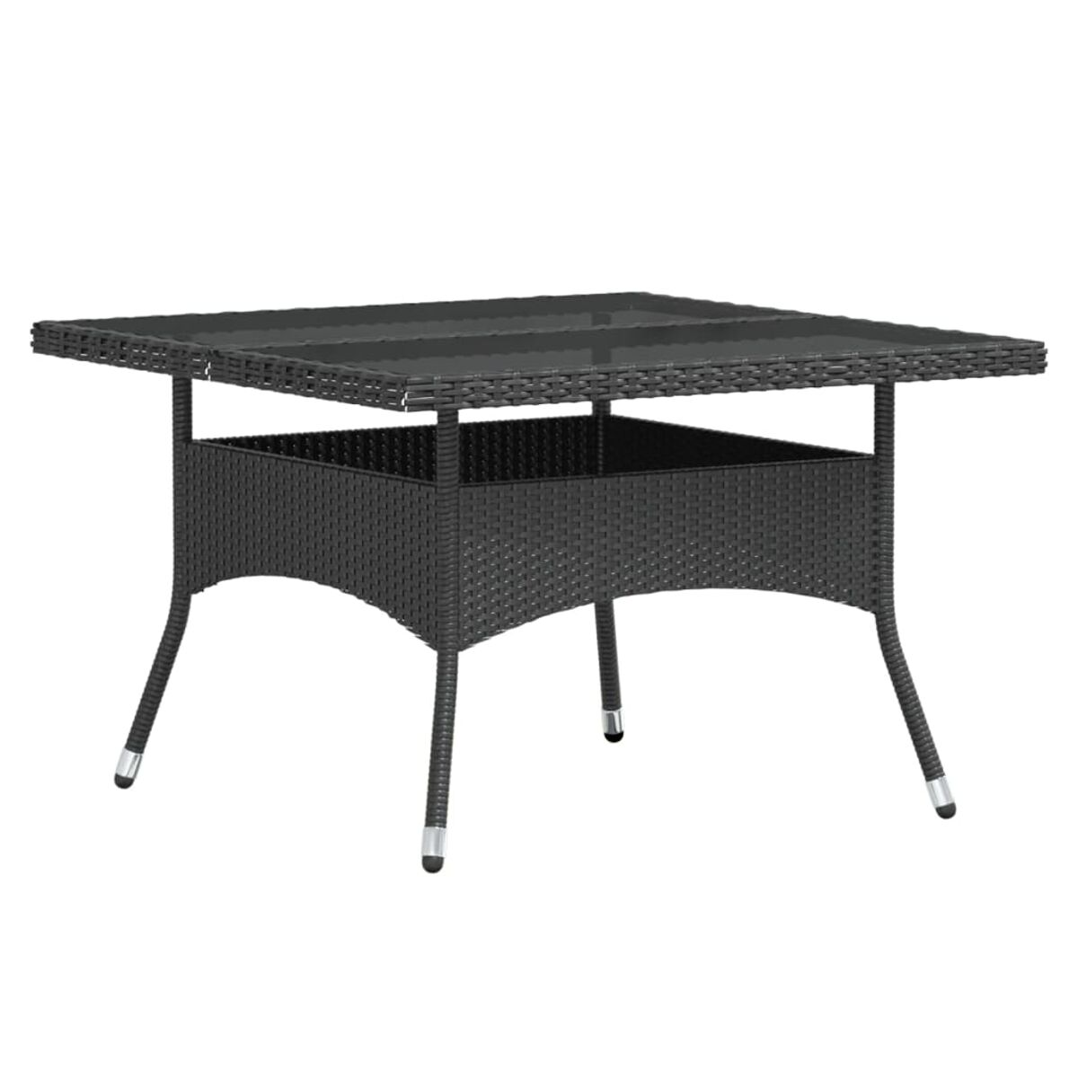 Schwarzer quadratischer Gartentisch mit Glasplatte und gewebtem Unterbau, vor weißem Hintergrund.