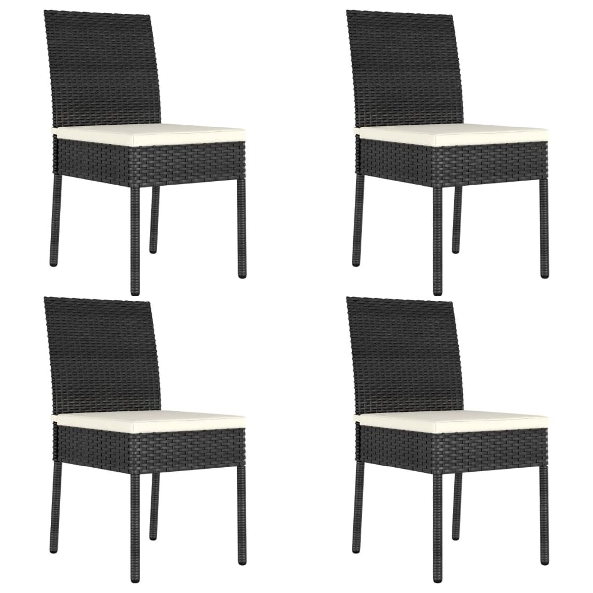 Vier schwarze Korbstühle mit weißen Kissen. Einfaches Design, gerade Beine, hohe Rücken.
