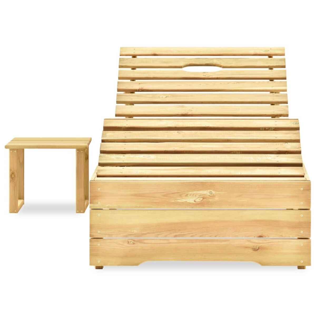 Holzaufbewahrungsbank mit kleinem Beistelltisch. Die Bank hat ein Lamellendesign. Der Beistelltisch ist klein.