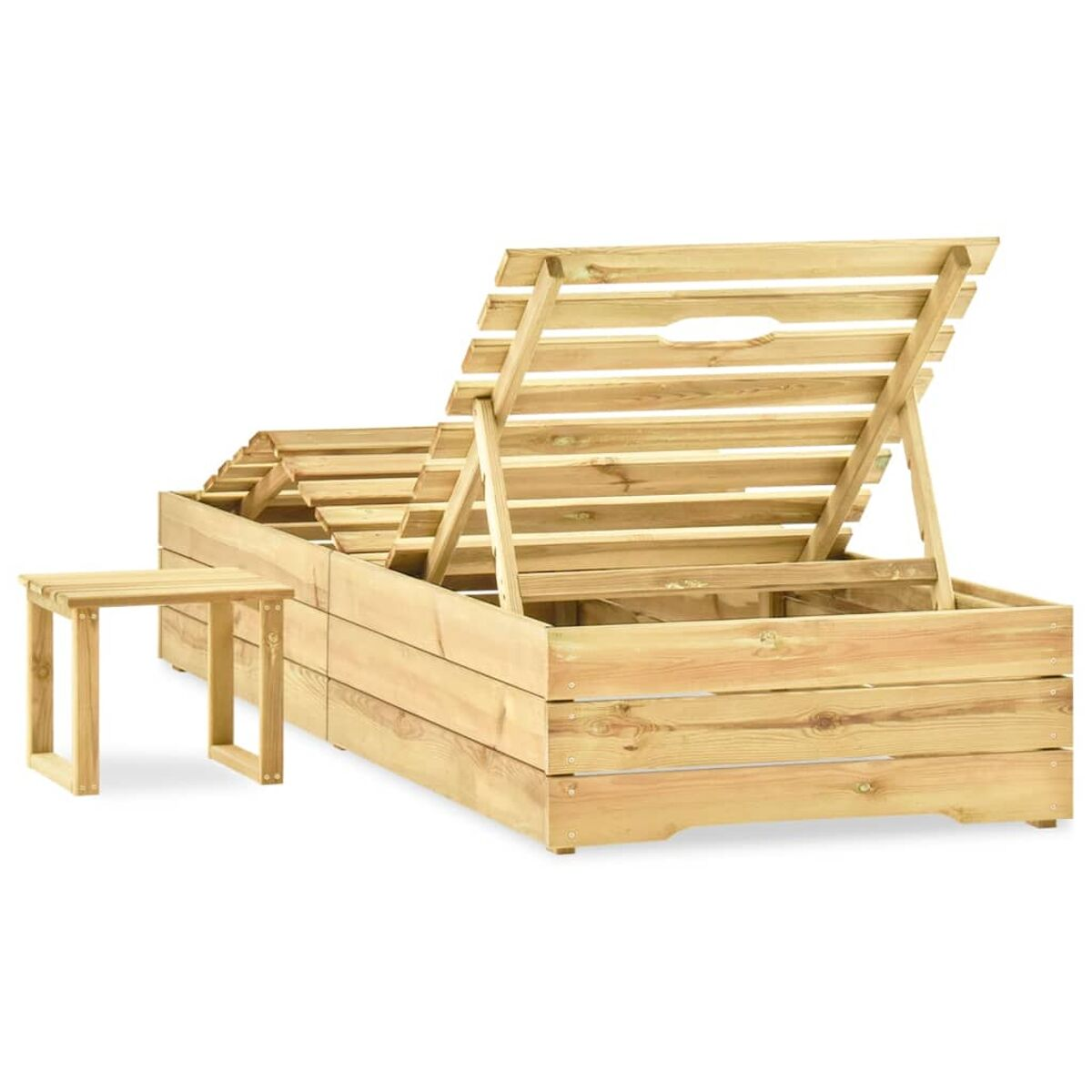 Sonnenliege aus Holz mit kleinem Beistelltisch. Helles Holz, verstellbare Rückenlehne.