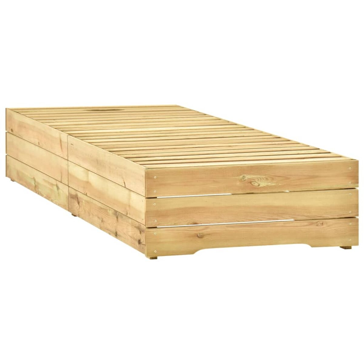 Holz-Outdoor-Daybed mit Lattenrost-Design, rechteckige Form.