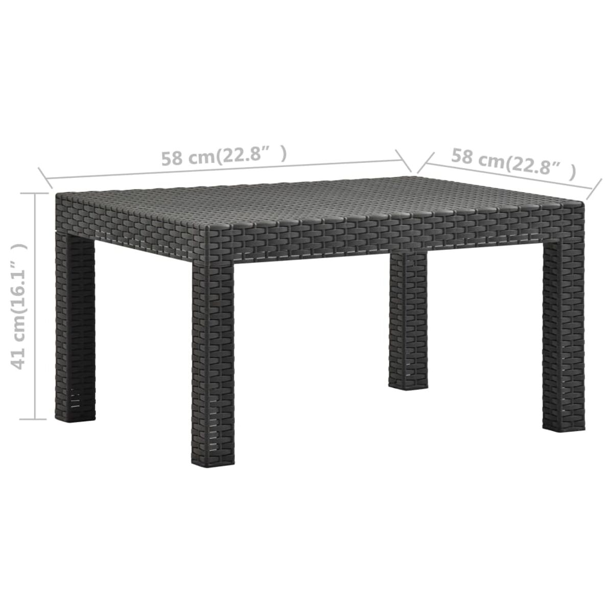 Ein dunkelgrauer, quadratischer Outdoor-Tisch mit gewebter Textur. Abmessungen sind in cm und Zoll angegeben.