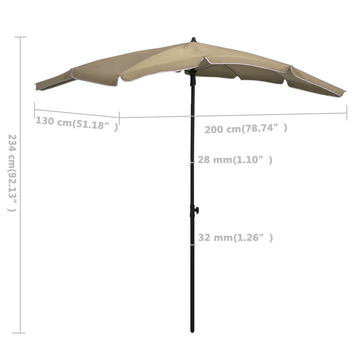 Sonnenschirm für den Außenbereich mit Maßen: 234 cm Höhe, 200 cm Durchmesser. Beiges Verdeck, schwarzer Pfosten.