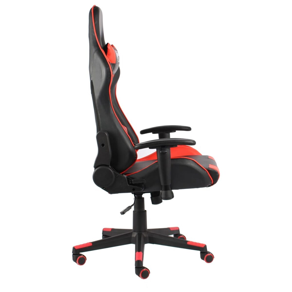 Seitenansicht eines schwarz-roten Gaming-Stuhls mit hohem Rücken und Rollen.