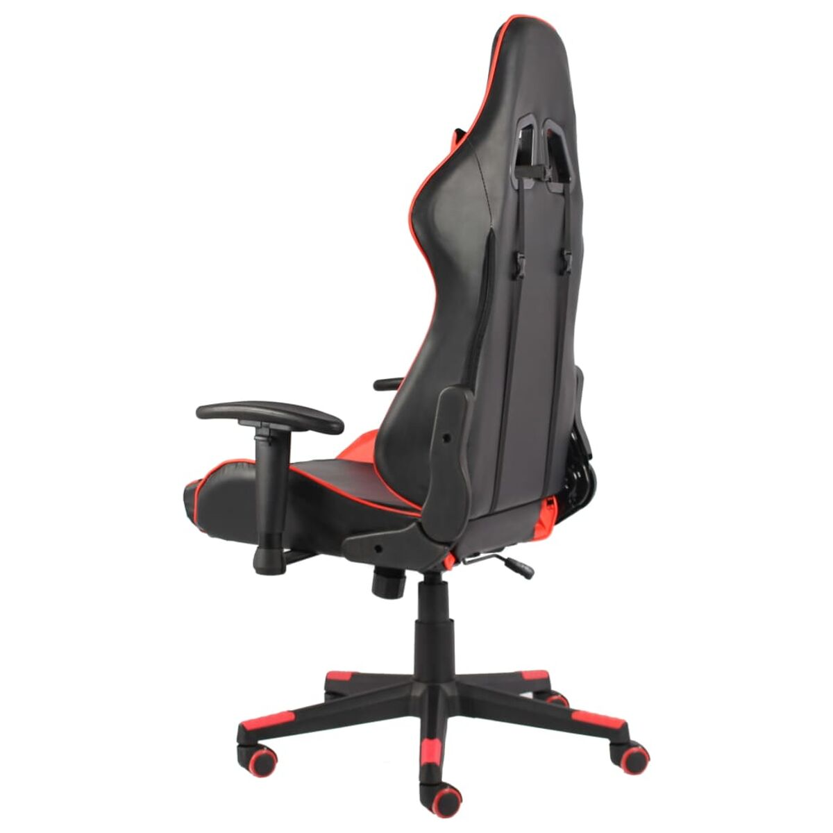 Schwarzer und roter Gaming-Stuhl von hinten gesehen. Er hat einen hohen Rücken und Räder.