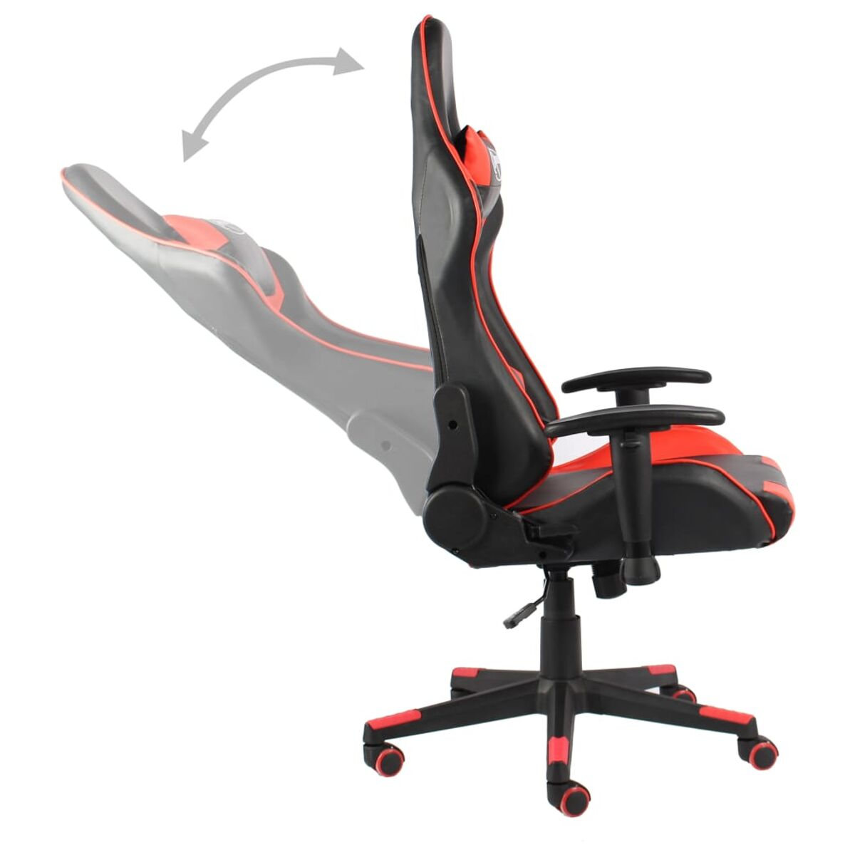 Gaming-Stuhl, schwarz und rot, abgewinkelte Ansicht. Der Stuhl ist verstellbar. Weißer Hintergrund.