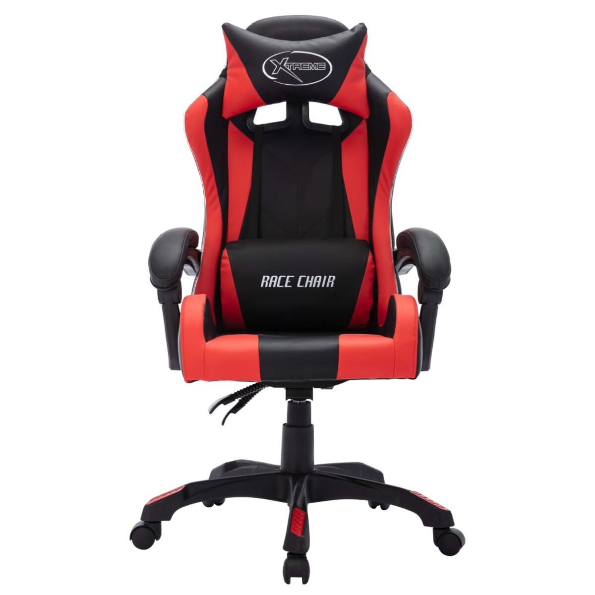 Roter und schwarzer Gaming-Stuhl. Schwarze Basis, rote Akzente und Kopfstütze mit Logo.