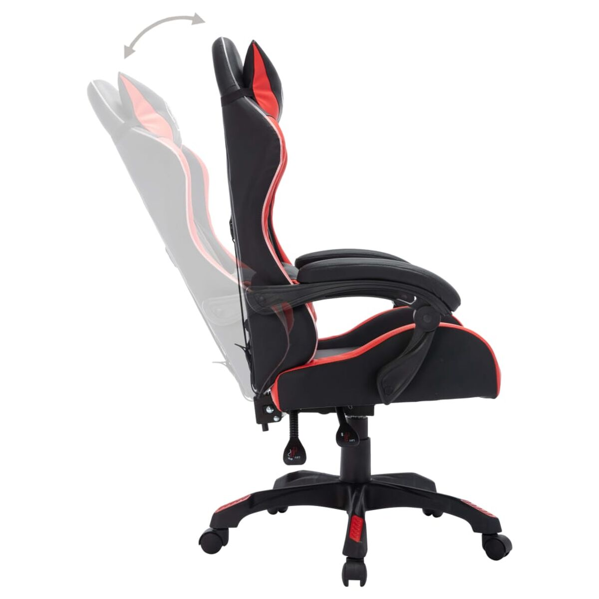 Schwarzer und roter Gaming-Stuhl, der sich zur Seite neigt. Zeigt die verstellbaren Funktionen.