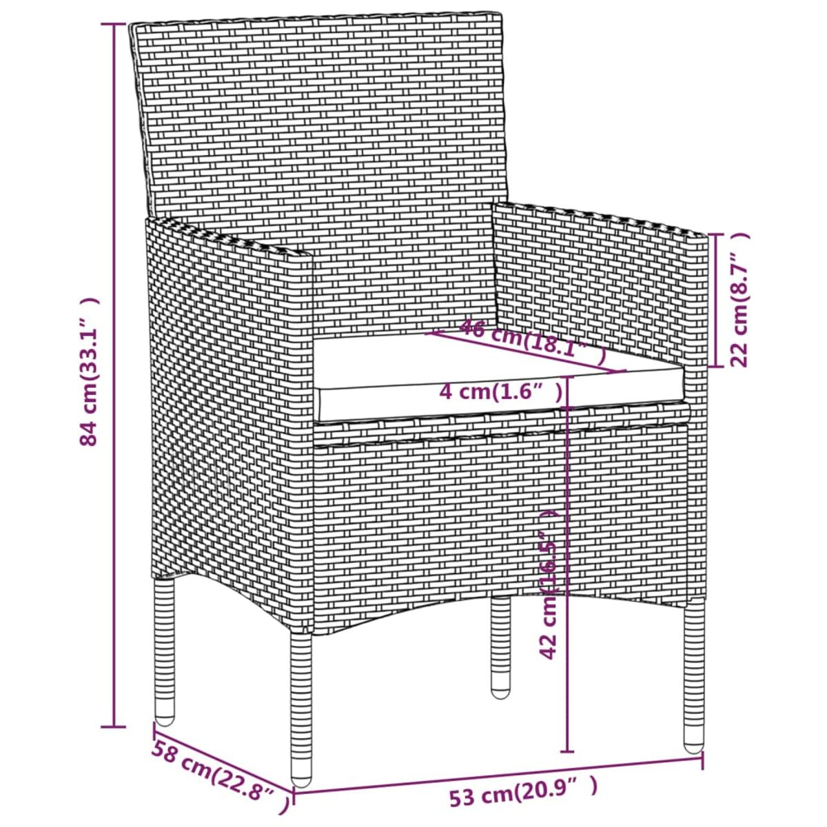 Diagramm eines Stuhls mit Abmessungen. Er ist aus Korbgeflecht, hat ein weißes Kissen und Maße.