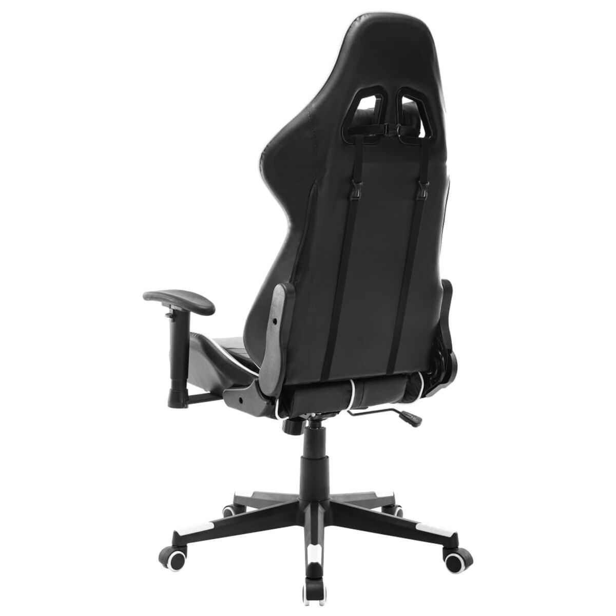 Schwarzer Gaming-Stuhl, Rückansicht. Weiße Akzente, schwarz-weiße Rollen.
