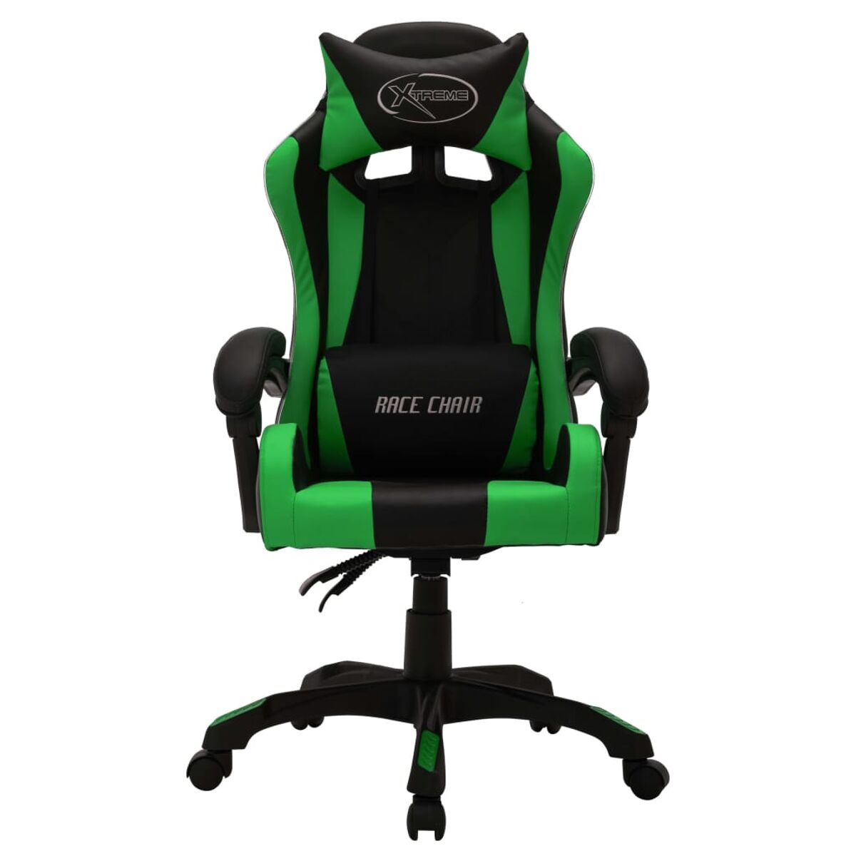 Grüner und schwarzer Gaming-Stuhl mit Kopfstütze und Lendenwirbelstütze. Weißer Hintergrund.