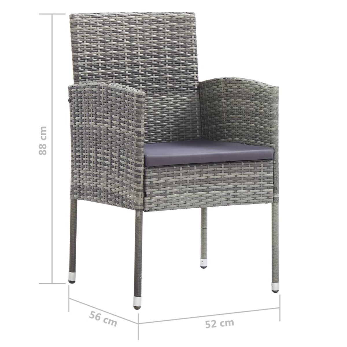 Sedia in vimini grigia con dimensioni. Cuscino grigio. Sfondo bianco.