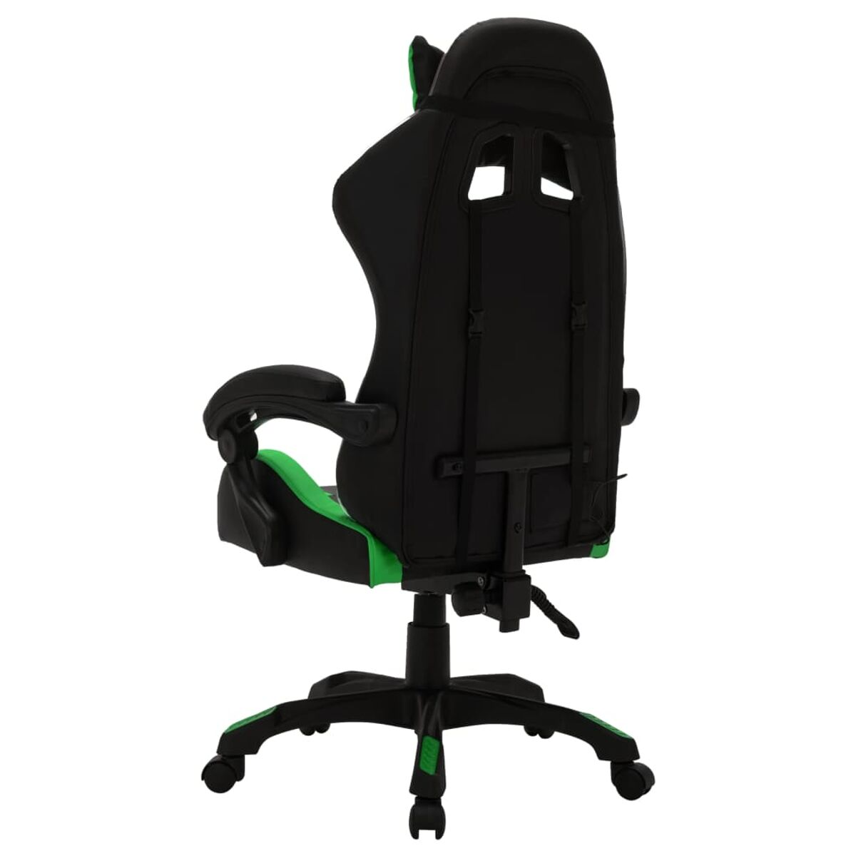 Gaming-Stuhlrücken. Er ist schwarz und grün, mit einem Radsockel.