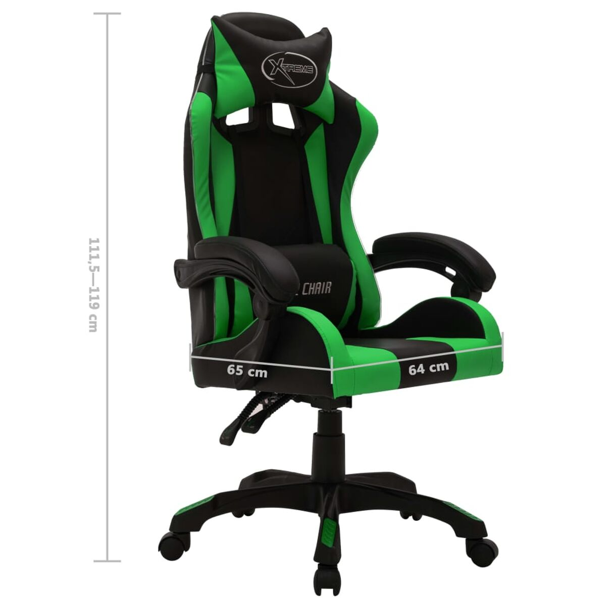 Grün-schwarzer Gaming-Stuhl mit Abmessungen. Der Stuhl steht vor weißem Hintergrund.