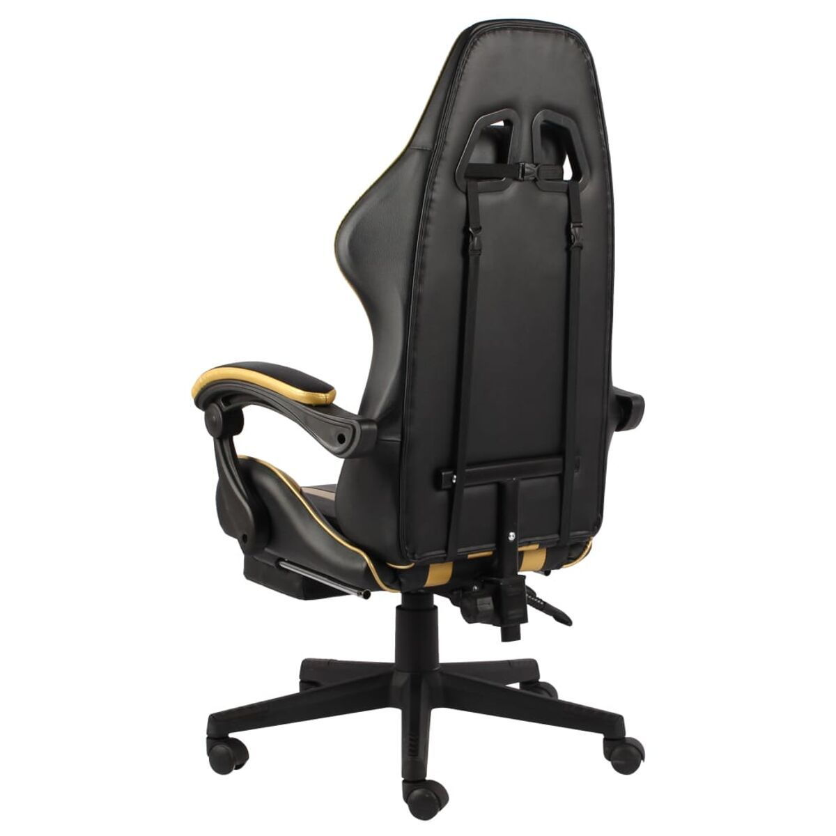 Rückseite eines schwarzen Gaming-Stuhls mit roten Akzenten und goldfarbenen Zierleisten. Der Stuhl steht auf schwarzem Gestell.