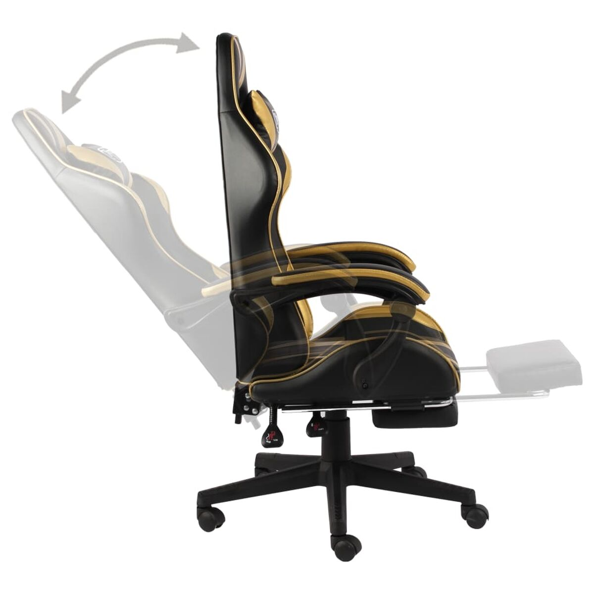 Gaming-Stuhl, Seitenansicht, schwarz und gold, liegend.