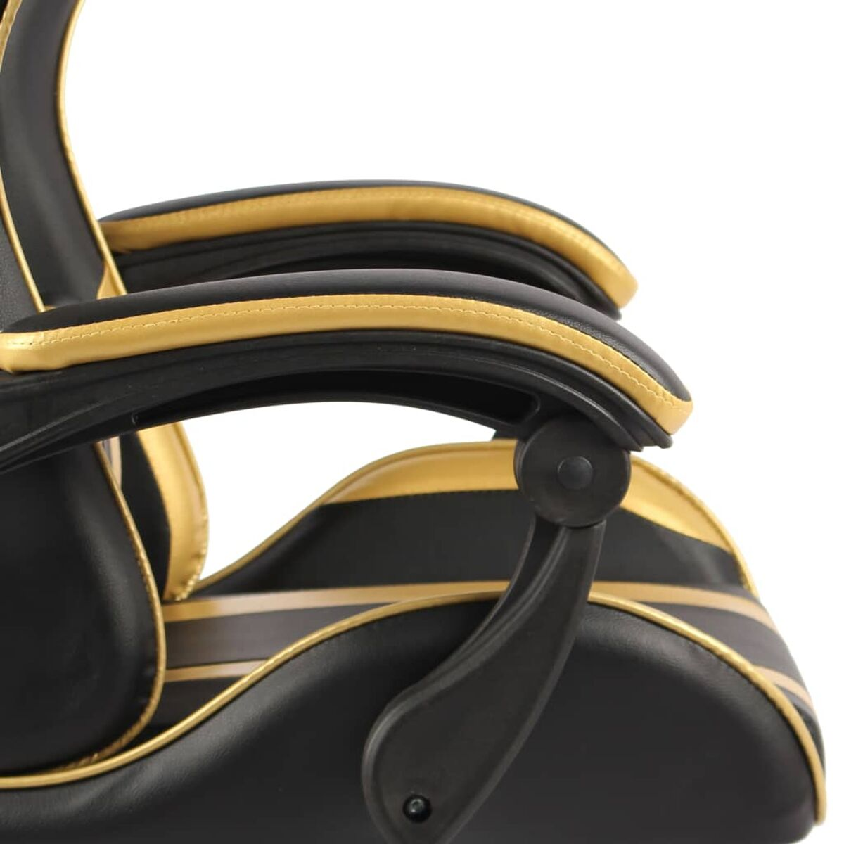 Nahaufnahme der Armlehne eines schwarzen Gaming-Stuhls. Goldener Besatz. Schwarzer Verstellgriff.