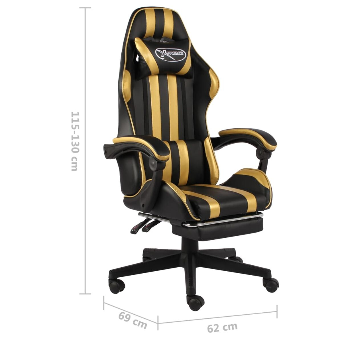 Schwarzer und goldener Gaming-Stuhl. Er hat die Maße 69x62cm und eine Höhe von 115-130cm. Der Stuhl hat Räder.