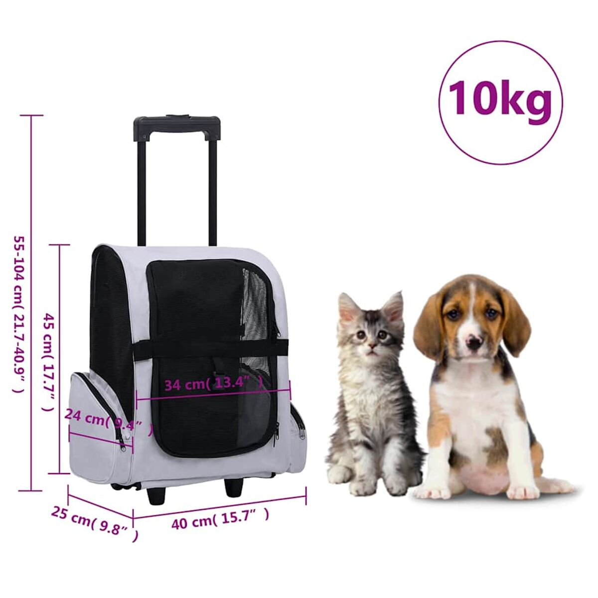 Eine graue Haustiertrage mit einer Katze, einem Beagle und Maßen.