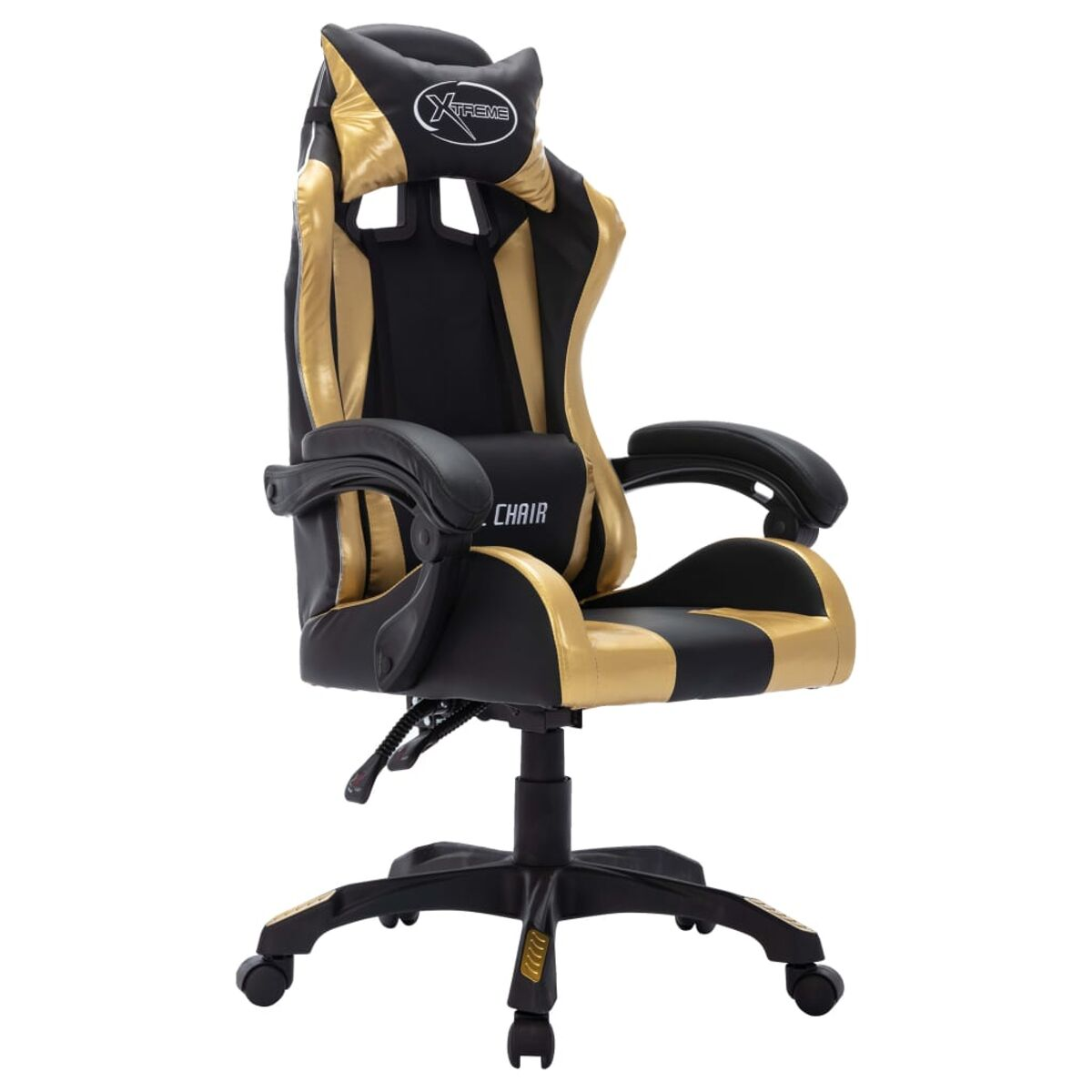 Ein schwarz-goldener Gaming-Stuhl mit Kopfstütze vor weißem Hintergrund.