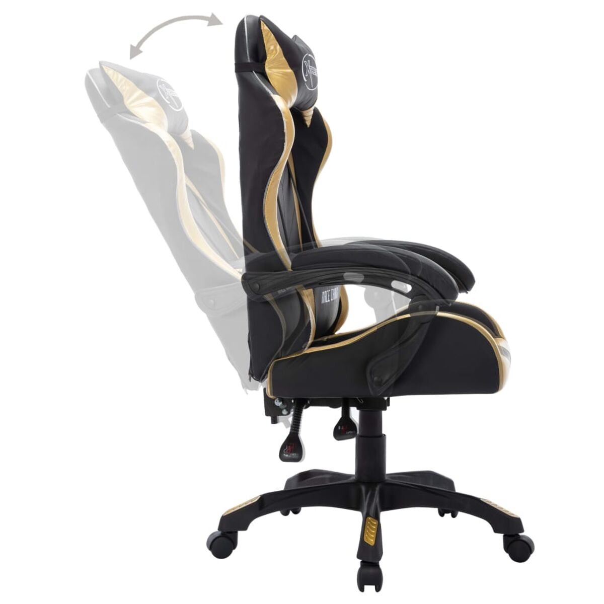 Schwarzer und goldener Gaming-Stuhl, verstellbar, Seitenansicht, weiß.