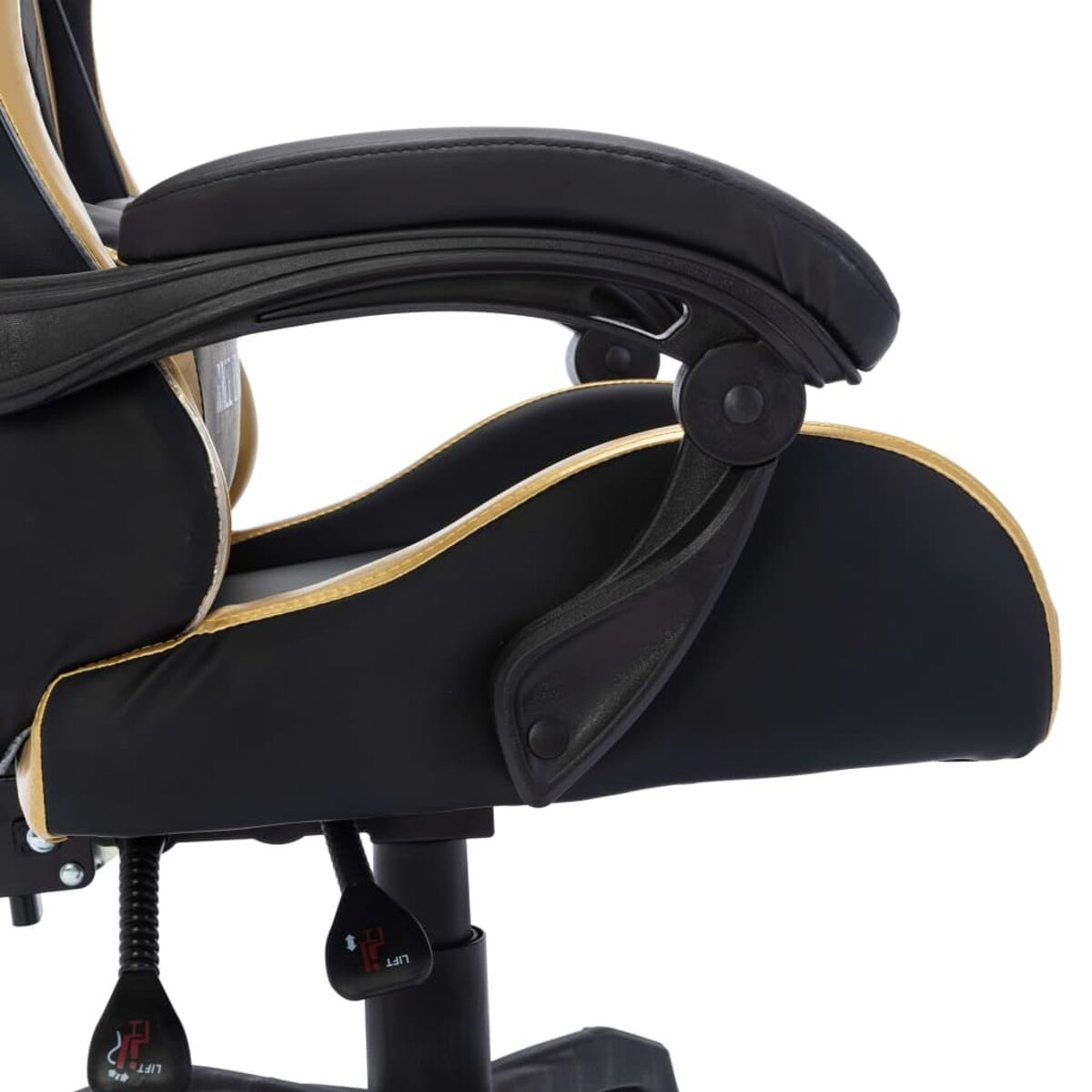 Nahaufnahme einer Armlehne eines schwarzen und goldenen Gaming-Stuhls. Der Stuhl ist verstellbar.