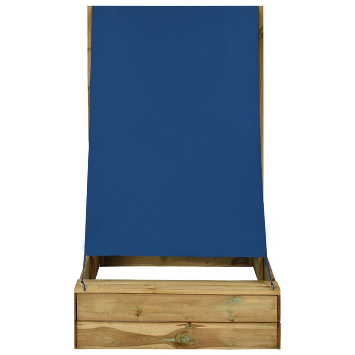 Una fioriera in legno con una tenda in tessuto blu. La fioriera è fatta di assi di legno.