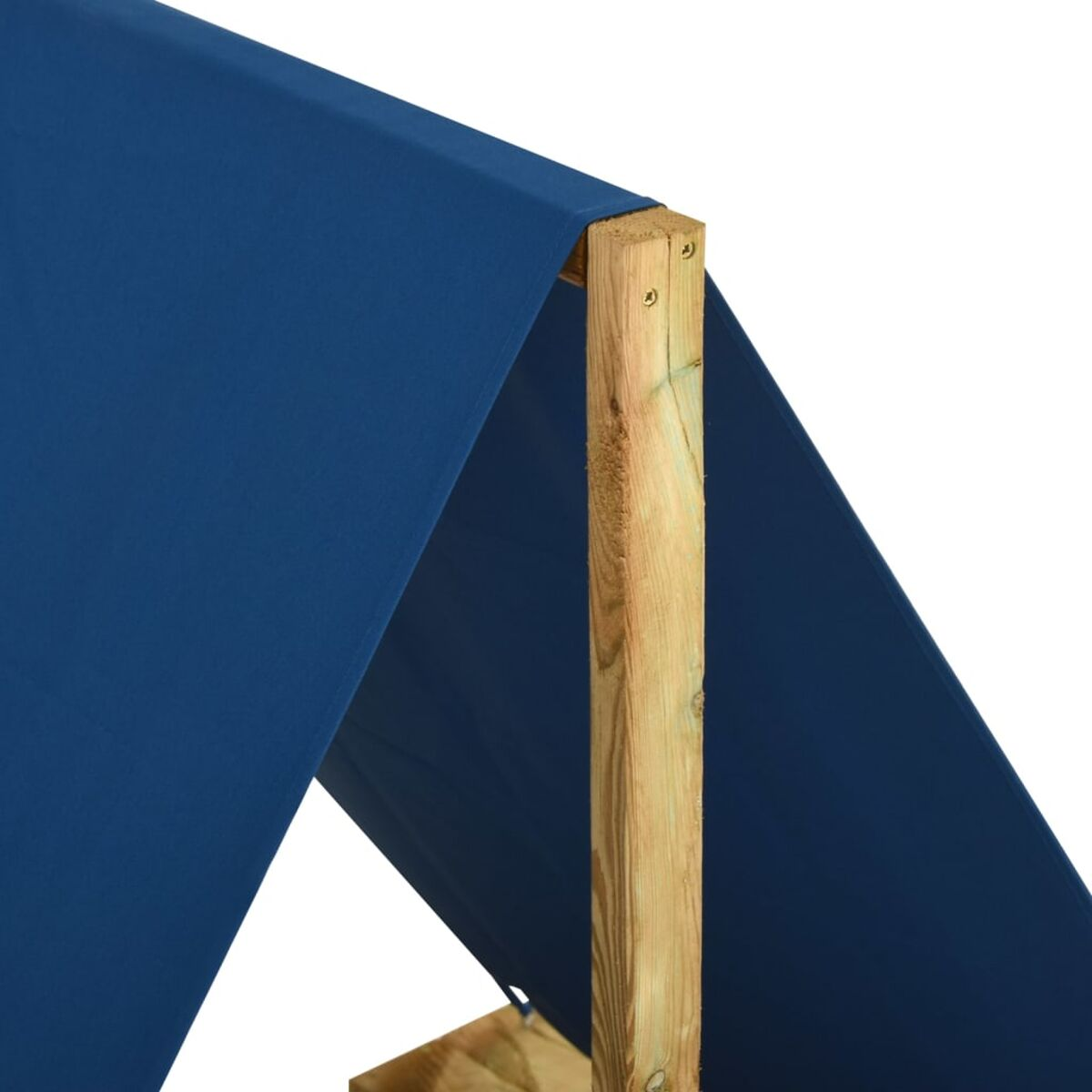 Tessuto blu teso su telaio in legno. Sfondo bianco.