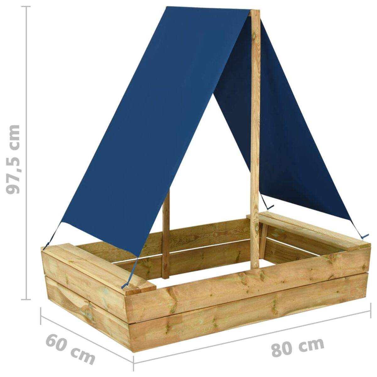 Sabbiere in legno con tettoia blu. Dimensioni visibili. In legno. Sfondo bianco.