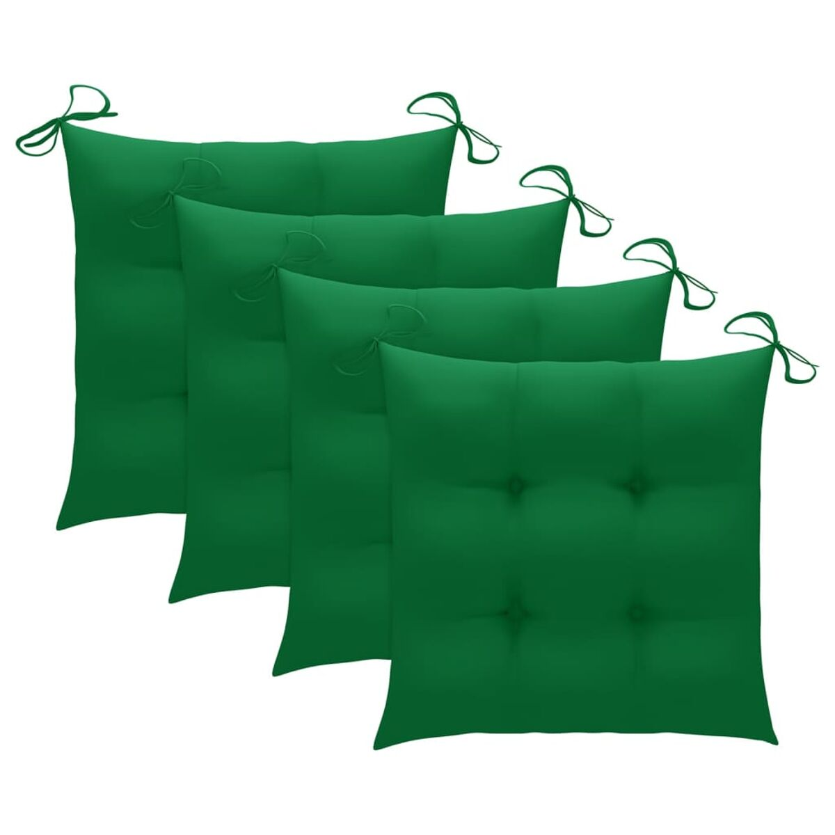 Grüne Kissen, vier Stück, Bindedetails, weißer Hintergrund.