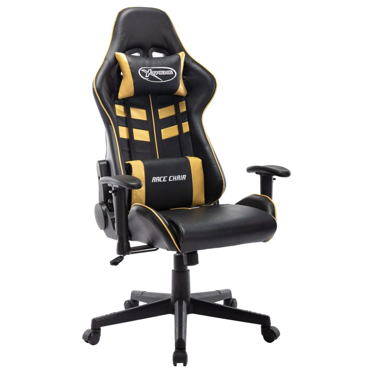 Sedia da gaming nera e oro con poggiatesta, supporto lombare e braccioli. Ha una base a cinque stelle con ruote.